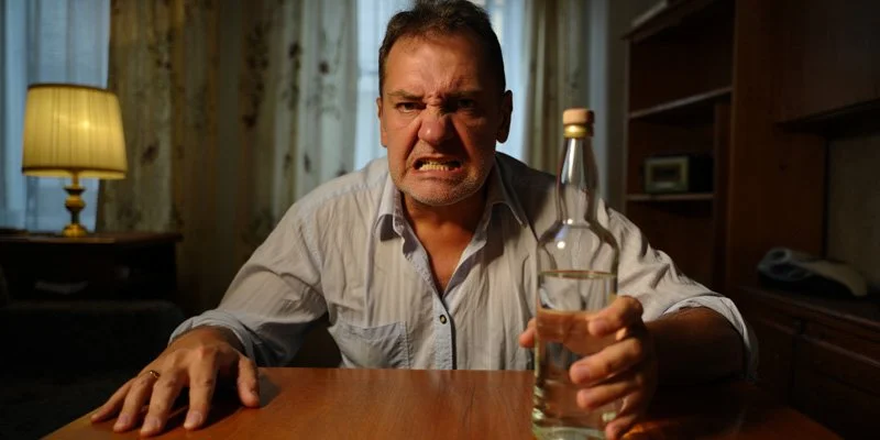 агрессивный мужчина с бутылкой водки